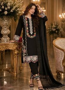 Ensemble Salwar Kameez en coton pour femmes, Kurta brodée florale, pantalon et dupatta, tenue indienne pakistanaise, vêtements décontractés pour les fêtes - Product Image 2