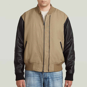 Blouson bomber kaki pour homme avec manches en cuir noir, col montant, fermeture éclair, style motard, vêtement d'automne - Product Image 2