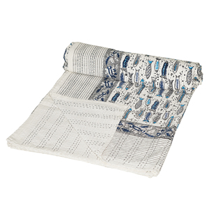 Handmade Organic Cotton Kantha <b>Quilt</b> Reversible Breathable Bed Cover Set Printed Fish Pattern Eco-Friendly Washable Bohemian - Product Image 1