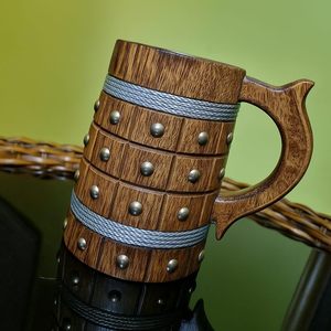 Handcrafted Acacia Wood Drinking <b>Mug</b> Viking Style Tankard with Rope Design and Metal Studs Brown Finish for Parties - Product Image 2