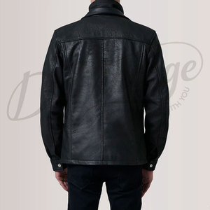 Premium Men Black Textured <b>Leather</b> <b>Jacket</b> Vintage High Neck Double Collar Slim Fit Genuine <b>Leather</b> Casual Fashion Coat - Product Image 2