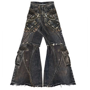 กางเกงยีนส์ทรงกลางเอวปักลายวินเทจแบบพับได้ สีดำ สไตล์สตรีทแวร์ ล้างแบบ Monkey Wash ผ้าเดนิมสีเข้ม ระบายอากาศได้ดี เป็นมิตรต่อสิ่งแวดล้อม สำหรับผู้ชาย - Product Image 2