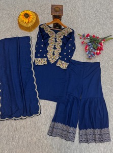 ชุดสูทพร้อมงานปักด้ายทำจากผ้าไหม vichitra สีน้ำเงินเข้ม - Product Image 3