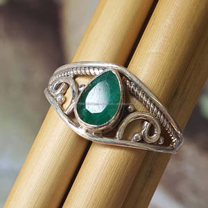 Vintage 925 Sterling Silver Bague de fiançailles Designer Vert Émeraude Corindon Poire Forme Gemme Or Fine Cadeau De Mariage Bijoux - Product Image 1