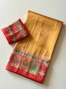 Sari de mariage traditionnel en soie Dola pure royale, tissage jacquard, imprimé numérique Jari complet, avec pièce de chemisier contrastante, tendance - Product Image 1