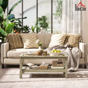Tavolo da salotto grigio con struttura in legno e piano in vetro temperato sotto il ripiano di stoccaggio - Product Image 2