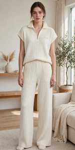 <b>Womens</b> Lightweight 2 in 1 Ribbed Knit Zip Polo Tracksuit Set Short Sleeve Top Wide Leg <b>Pants</b> <b>Lounge</b> Outfit - Product Image 5
