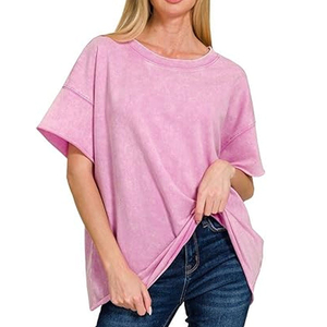 เสื้อยืดผู้หญิงไซส์ใหญ่ ล้างสีแบบแอซิดวอช โลโก้ OEM ตามสั่ง ผ้าฝ้าย 100% แขนสั้น ระบายอากาศ แห้งเร็ว สำหรับฤดูร้อน ขายส่ง - Product Image 4