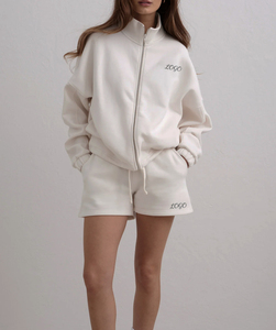 Women's White <b>Cropped</b> <b>Zip</b>-<b>Up</b> Sweatshirt Set Embroidered Logo Casual Summer Wear Full Sleeve Knitted Cotton Shorts - Product Image 1