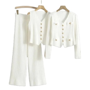 Conjunto de 3 piezas de moda para mujer, chaleco Sexy, cárdigan de manga larga con cremallera, cintura elástica, pantalones de pierna ancha, chándal de mujer, traje de punto - Product Image 6