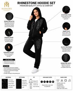 Unisex Black Winter Tracksuit <b>Set</b> Zip-Up Hoodie Sweatpants 2 1 Design Rhinestone Embellished Fleece Lining Eco-Friendly - Product Image 6