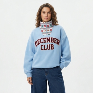 Christmas Pullover Quarter Zip <b>Sweatshirt</b> <b>Cute</b> Festive Patterned Trim Cozy Holiday Winter Wear - Product Image 6