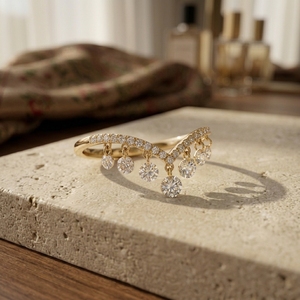 Round Cut Lab Grown <b>Diamond</b> Engagement <b>Ring</b> Chevron Wishbone Design with Dangling Drop Stones Yellow Gold Luxury Style - Product Image 3