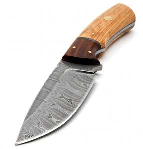 Couteau de camping artisanal en acier Damas, manche en bois bicolore, mosaïque de clous - Product Image 5