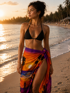 Vestido de playa maxi sin mangas con estampado de palmeras al atardecer, tipo halter, para mujer, transpirable, de tela tejida. - Product Image 4