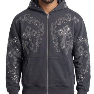 เสื้อฮู้ดซิปประดับเพชรเทียมสีดำสำหรับผู้ชาย ผ้าฝ้ายฟลีซหนานุ่ม สตรีทแวร์ สกรีนโลโก้ได้ ทรงหลวม คุณภาพสูง ขายส่ง รับผลิตแบบ OEM - Product Image 2