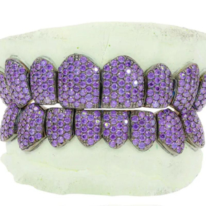 Grillz personnalisés en moissanite VVS avec pierres colorées, pour dents supérieures ou inférieures, en argent sterling, entièrement sertis de moissanite - Product Image 3