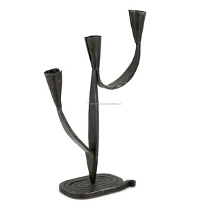 Set of 2 Wrought Iron <b>Black</b> Hand Forged Candle <b>Holders</b> 3 Arms Brutalist <b>Candlestick</b> for Home and Garden Decoration - Product Image 1