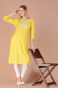 Women Yellow Printed <b>Kurti</b> Ethnic Casual Wear <b>Kurti</b>, Embroidery Work <b>Kurti</b> , Trendy <b>Kurti</b> , New Kurta - Product Image 6
