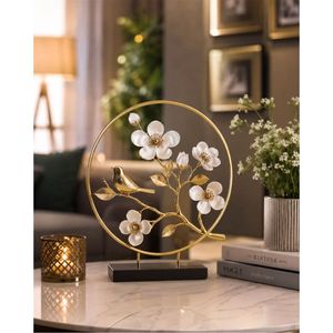 Sculpture d'oiseau à branches dorées de style nordique avec fleurs métalliques, statue d'art créative, décoration intérieure de luxe pour hall d'hôtel - Product Image 1