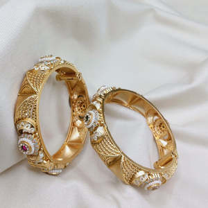 Designer Pota Stone and Pearl Meenakari Openable <b>Bangles</b> <b>Set</b> - Product Image 1