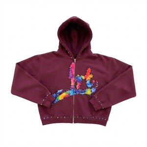 Sweat-shirt à capuche oversize zippé avec broderie arc-en-ciel sur le devant, unisexe, vêtement d'automne en coton tricoté - Product Image 1