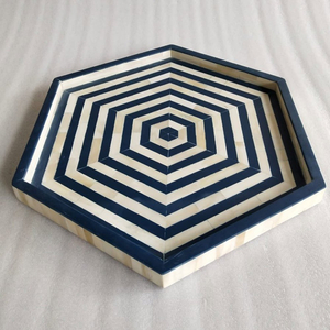 Plateau de service en os incrusté, forme ronde, motif feuille, couleur bleu classique, incrustation décorative en os, vente chaude - Product Image 4