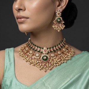 Traditional Ethnic Gold Plated Alloy Green <b>Ruby</b> Choker <b>Necklace</b> Set with Matching Earrings for Women Wedding Party Wear Jewelry - Product Image 3