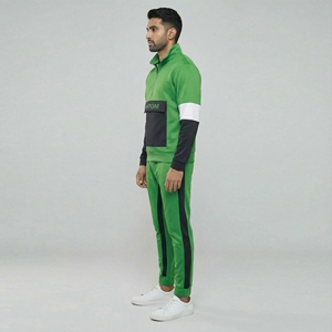 Ensemble de survêtement demi-zip pour homme grande taille, vert et noir, deux pièces, coupe régulière, hiver, 100 % coton respirant, pour l'entraînement - Product Image 3