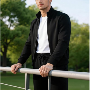Ensemble de survêtement tricoté noir pour homme, fermeture éclair intégrale, couleur unie, tenue décontractée, saison automne, sweat-shirt à col montant et pantalon - Product Image 4