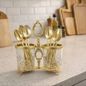 Porte-couverts de luxe en or et verre, idéal pour une organisation élégante des couverts, support pour cuillères et fourchettes, décoration de cuisine et idéal pour offrir. - Product Image 1