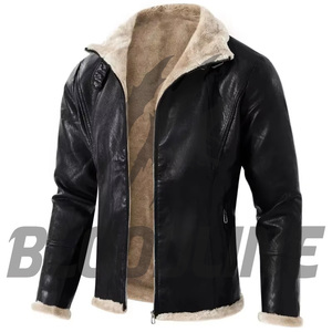 Chaqueta de Cuero Genuino Negra para Hombre, Corte Ajustado, Estilo Motero, Cierre de Cremallera, Cuello Alto, Forro de Piel Sintética, Ropa de Invierno - Product Image 1
