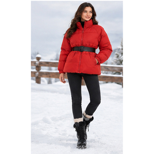 Chaqueta acolchada roja con cinturón para mujer, abrigo cálido de invierno, cuello alto con cremallera, ropa exterior informal a la moda - Product Image 2