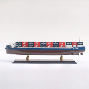 Contenedores Rojos y Azules CMA CGM - Modelo de Buque de Carga Comercial de Madera Hecho a Mano - Product Image 1