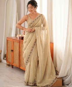 Sari de Chifón Reversible sin Arrugas con Bordado para Mujer, Diseño Bollywood de Otoño, con Blusa sin Coser (Beige) - Product Image 5
