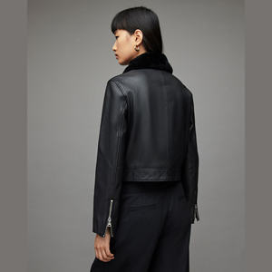 Veste de moto pour femme en cuir véritable personnalisée par une marque de mode, avec fermeture éclair, tissée, coupe-vent, broderie, col rabattable - Product Image 2