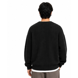 Men's Black Ribbed Knit Sweater Lantern Sleeve Front Pocket Solid Color 100% Acrylic Standard <b>Thickness</b> Knitted Sweaters - Product Image 5