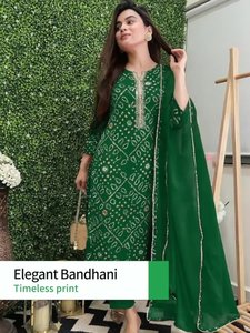 Elegant Green Bandhani <b>Kurta</b> Set With Dupatta Loose Fit Floor Length Cotton <b>Women</b> Ethnic Wear India Pakistan Style All Seasons - Product Image 1