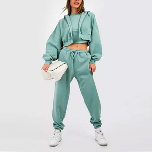 Custom Women Cropped Zip Up Hoodie Sweatpants <b>Set</b> Heavy Weight Vintage 3 Piece Tracksuit Women Hooded <b>Crop</b> <b>Top</b> Jogger <b>Sets</b> - Product Image 2