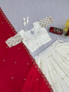 White Embroidered Lehenga Choli with Red <b>Net</b> <b>Dupatta</b> Women's Indian Pakistani Party Wedding Outfit - Product Image 2