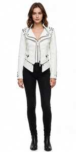 Veste de motard en simili cuir blanc pour femme, fermeture éclair, col rabattable, rivets cloutés, manteau en PU - Product Image 6