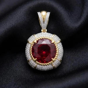 <b>Large</b> Round Red Center <b>Stone</b> Lab Grown Diamond Pendant 925 Sterling Silver Custom Hip Hop Jewelry - Product Image 3