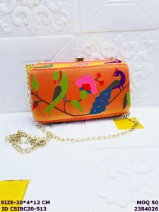 Handcrafted Printed Silk Clutch with Bird & Floral Design | Elegant Metal <b>Frame</b> Evening Bag with Chain Strap for Women - Product Image 3
