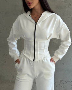 ชุดวอร์มผู้หญิงแบบสองชิ้น เสื้อฮู้ดบุขนและกางเกงขายาวทรงกว้าง ชุดลำลองสำหรับฤดูใบไม้ร่วงและฤดูหนาว ชุดวิ่งออกกำลังกายที่ให้ความอบอุ่น - Product Image 1