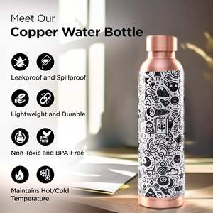 Botella de agua de cobre de diseño con arte impreso moderno en blanco y negro, cuerpo metálico duradero, ideal para yoga, gimnasio y viajes. - Product Image 4