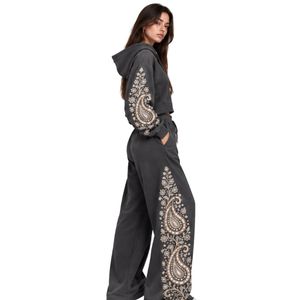 <b>Charcoal</b> Grey Womens Paisley Print Crop Hoodie Wide Leg Pants Two Piece Tracksuit Casual Streetwear Loose Fit <b>Jogger</b> Outfit Set - Product Image 2
