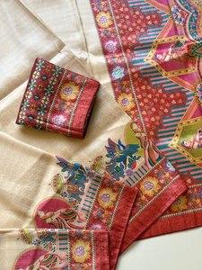 Sari indio tradicional de seda con estampado digital y blusa con ribetes de Dori para ocasiones de boda - Product Image 3
