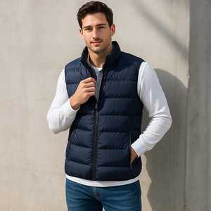Chaleco Acolchado Azul Marino para Hombre, Cuello Alto, Cierre de Cremallera, Cortavientos, Ropa de Invierno Informal, Color Sólido, Corte Regular - Product Image 3