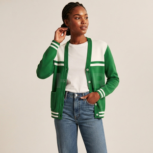 HMR Women Acrylic Sisterhood Sorority Green <b>White</b> Contrast <b>Knitted</b> <b>Cardigan</b> Long Sleeve Casual V-Neck Button Front Regular Fit - Product Image 1