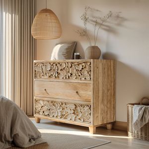 Commode à 3 tiroirs en bois massif artisanal de luxe, ornée de sculptures florales tropicales, finition naturelle en bois de manguier - Product Image 1